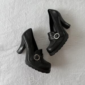 Bongo Heel Shoes Womens Size 8 Black Platform Block Square Toe Buckle Loafer